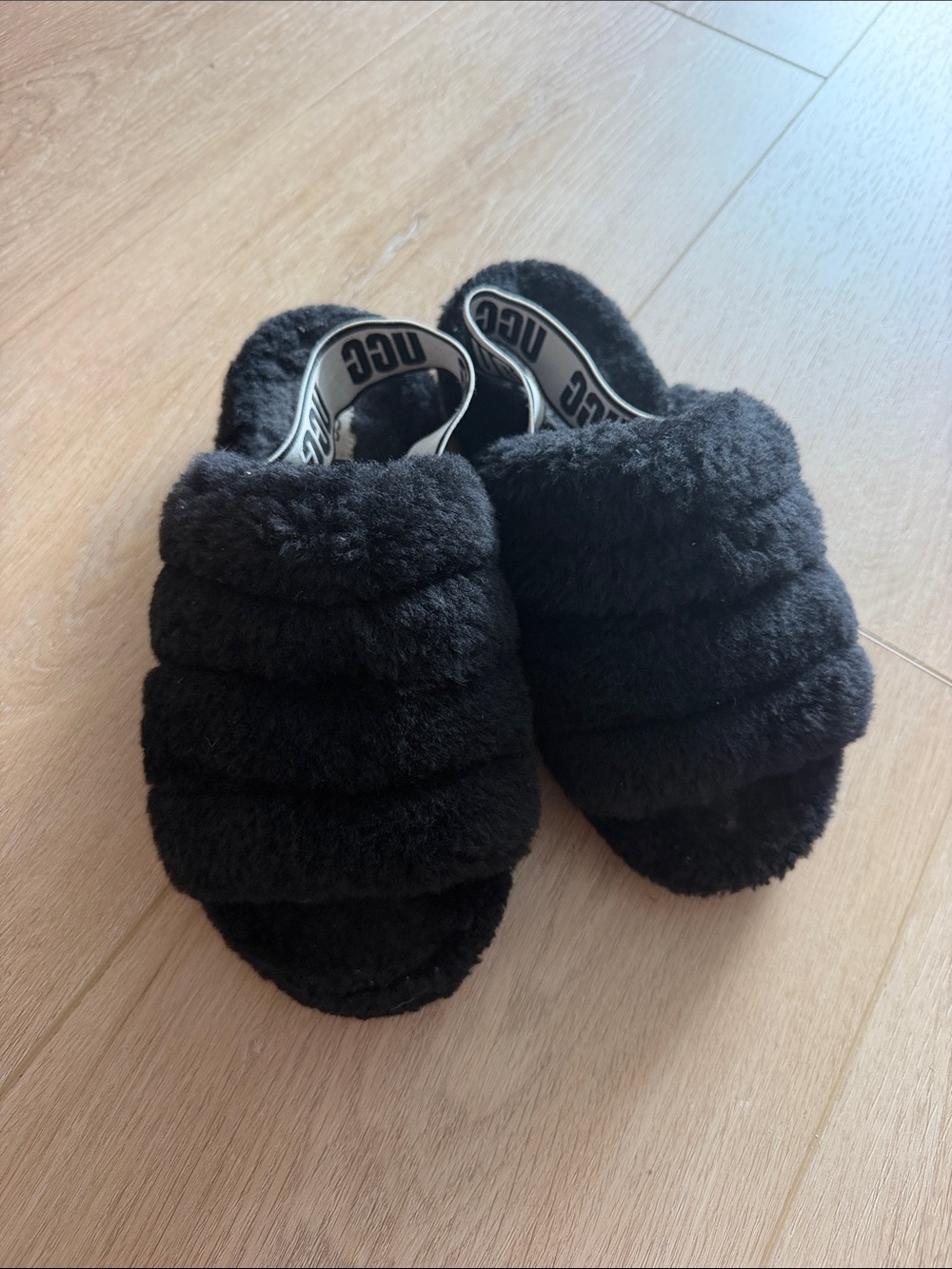 UGG Black Shearling Slide with Branded Elastic Heel Strap